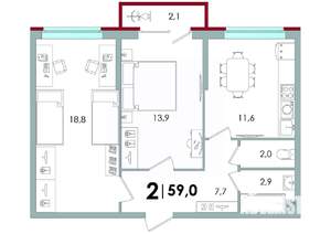 2-к квартира, вторичка, 59м2, 1/16 этаж