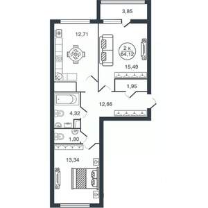 2-к квартира, вторичка, 64м2, 14/16 этаж