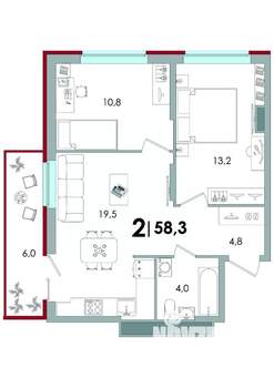 2-к квартира, вторичка, 58м2, 7/16 этаж