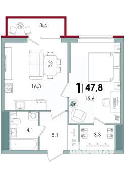 1-к квартира, вторичка, 48м2, 10/15 этаж