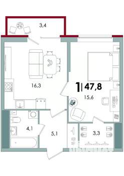 1-к квартира, вторичка, 48м2, 9/15 этаж