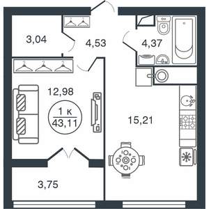 1-к квартира, вторичка, 43м2, 12/15 этаж