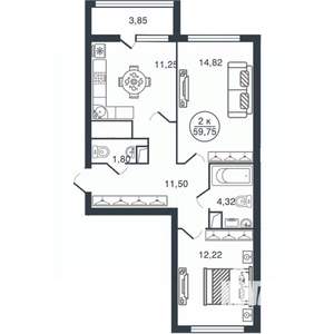 2-к квартира, вторичка, 60м2, 9/15 этаж