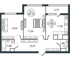 2-к квартира, вторичка, 65м2, 6/16 этаж