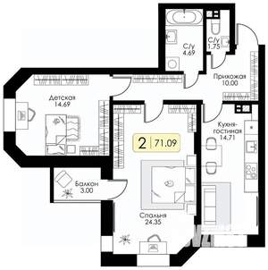 2-к квартира, вторичка, 71м2, 3/17 этаж