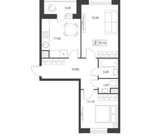 2-к квартира, вторичка, 59м2, 13/16 этаж