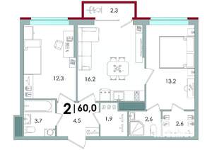 2-к квартира, вторичка, 60м2, 4/16 этаж