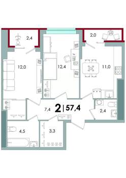 2-к квартира, вторичка, 57м2, 12/16 этаж