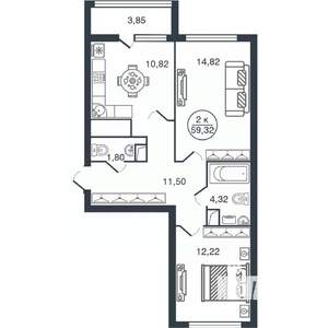 2-к квартира, вторичка, 59м2, 14/16 этаж