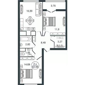 2-к квартира, вторичка, 63м2, 2/16 этаж