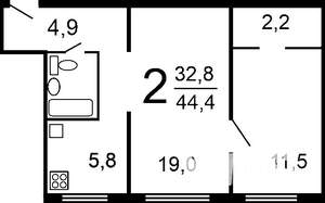 2-к квартира, вторичка, 42м2, 1/5 этаж