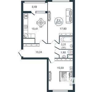 2-к квартира, вторичка, 65м2, 1/12 этаж