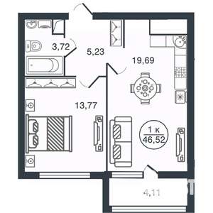 1-к квартира, вторичка, 47м2, 5/16 этаж