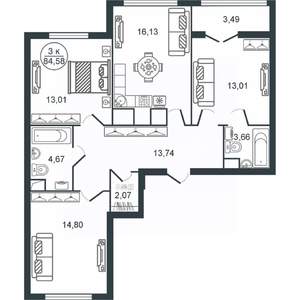 3-к квартира, вторичка, 85м2, 5/16 этаж