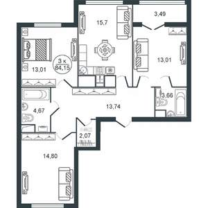 3-к квартира, вторичка, 84м2, 13/16 этаж
