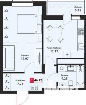 1-к квартира, строящийся дом, 46м2, 22/22 этаж