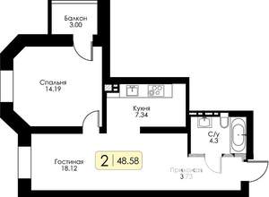 1-к квартира, строящийся дом, 50м2, 6/17 этаж