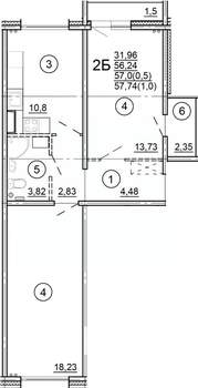 2-к квартира, строящийся дом, 58м2, 15/18 этаж