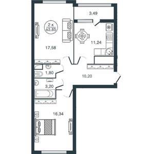2-к квартира, вторичка, 64м2, 1/12 этаж