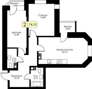 2-к квартира, строящийся дом, 74м2, 6/17 этаж