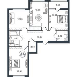 3-к квартира, вторичка, 87м2, 3/16 этаж