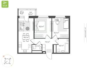 2-к квартира, вторичка, 59м2, 9/10 этаж