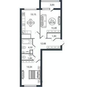2-к квартира, вторичка, 65м2, 4/16 этаж