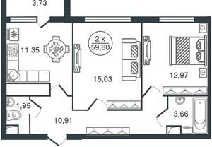 2-к квартира, вторичка, 60м2, 13/16 этаж