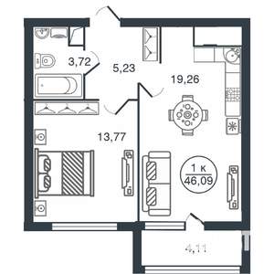 1-к квартира, вторичка, 46м2, 13/16 этаж