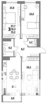 3-к квартира, сданный дом, 80м2, 12/15 этаж