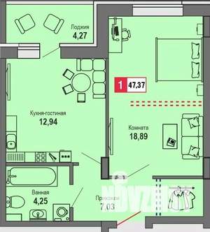 1-к квартира, вторичка, 47м2, 2/22 этаж