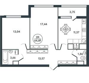 2-к квартира, вторичка, 65м2, 13/16 этаж