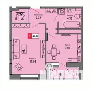 1-к квартира, строящийся дом, 42м2, 17/22 этаж