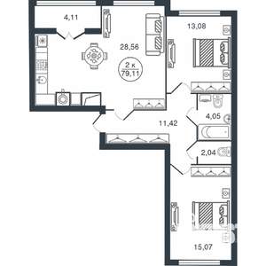2-к квартира, вторичка, 79м2, 5/15 этаж