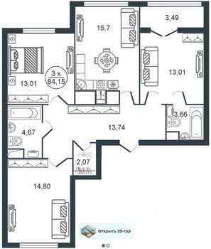 3-к квартира, сданный дом, 84м2, 10/16 этаж
