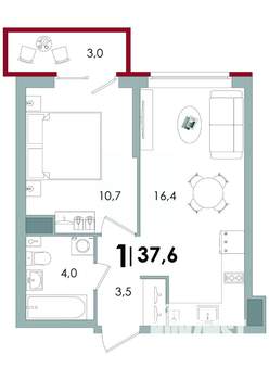 1-к квартира, вторичка, 38м2, 12/15 этаж