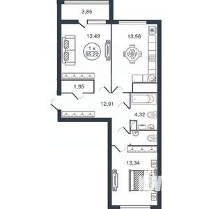 2-к квартира, вторичка, 65м2, 4/16 этаж