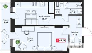 1-к квартира, вторичка, 46м2, 7/24 этаж