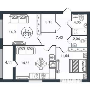 2-к квартира, вторичка, 61м2, 3/15 этаж