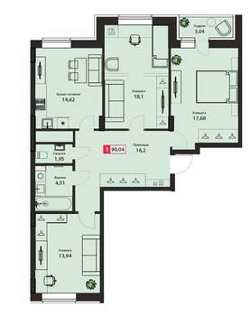 3-к квартира, вторичка, 90м2, 11/22 этаж