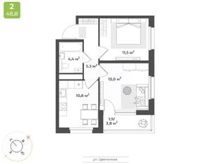 2-к квартира, строящийся дом, 47м2, 16/17 этаж