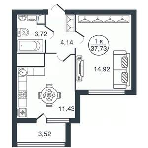 1-к квартира, вторичка, 38м2, 7/16 этаж