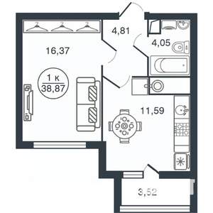 1-к квартира, вторичка, 39м2, 12/15 этаж