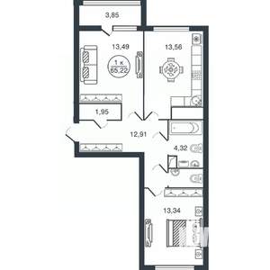 2-к квартира, вторичка, 65м2, 9/16 этаж