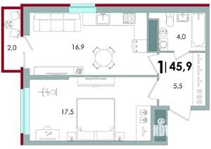 1-к квартира, вторичка, 46м2, 2/16 этаж