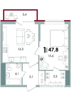 1-к квартира, вторичка, 48м2, 8/15 этаж