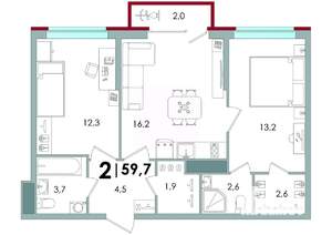 2-к квартира, вторичка, 60м2, 3/16 этаж