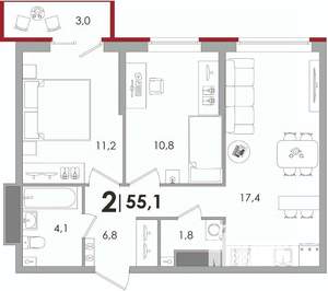 2-к квартира, вторичка, 55м2, 10/15 этаж