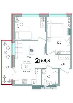 2-к квартира, вторичка, 58м2, 12/16 этаж
