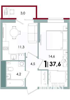 1-к квартира, вторичка, 38м2, 3/15 этаж